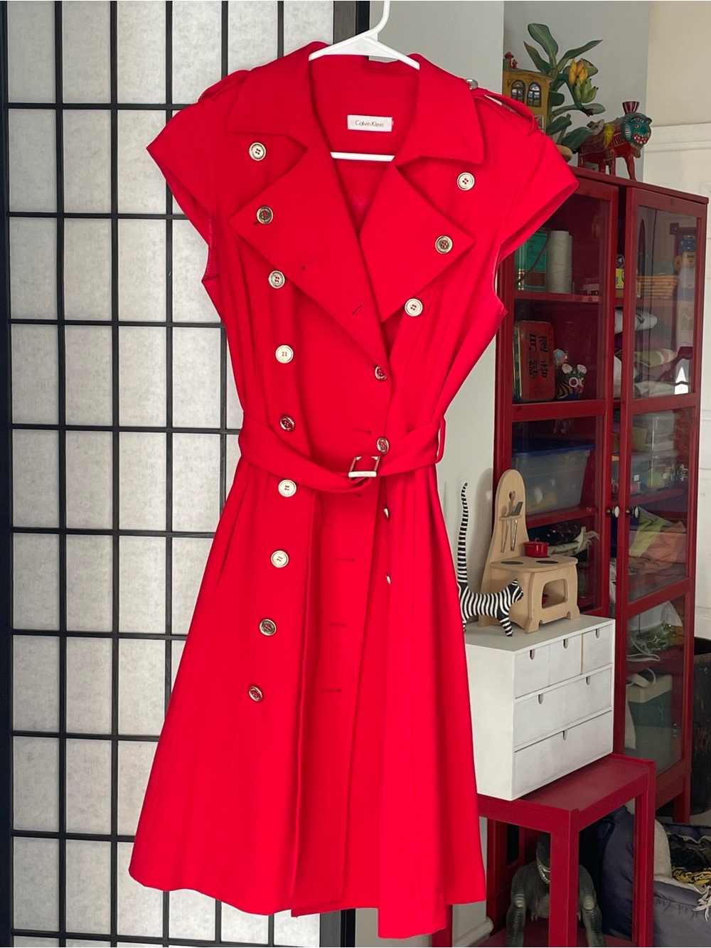 Calvin Klein Red Double-Breasted Midi Dress with Belt and Gold Accent Buttons